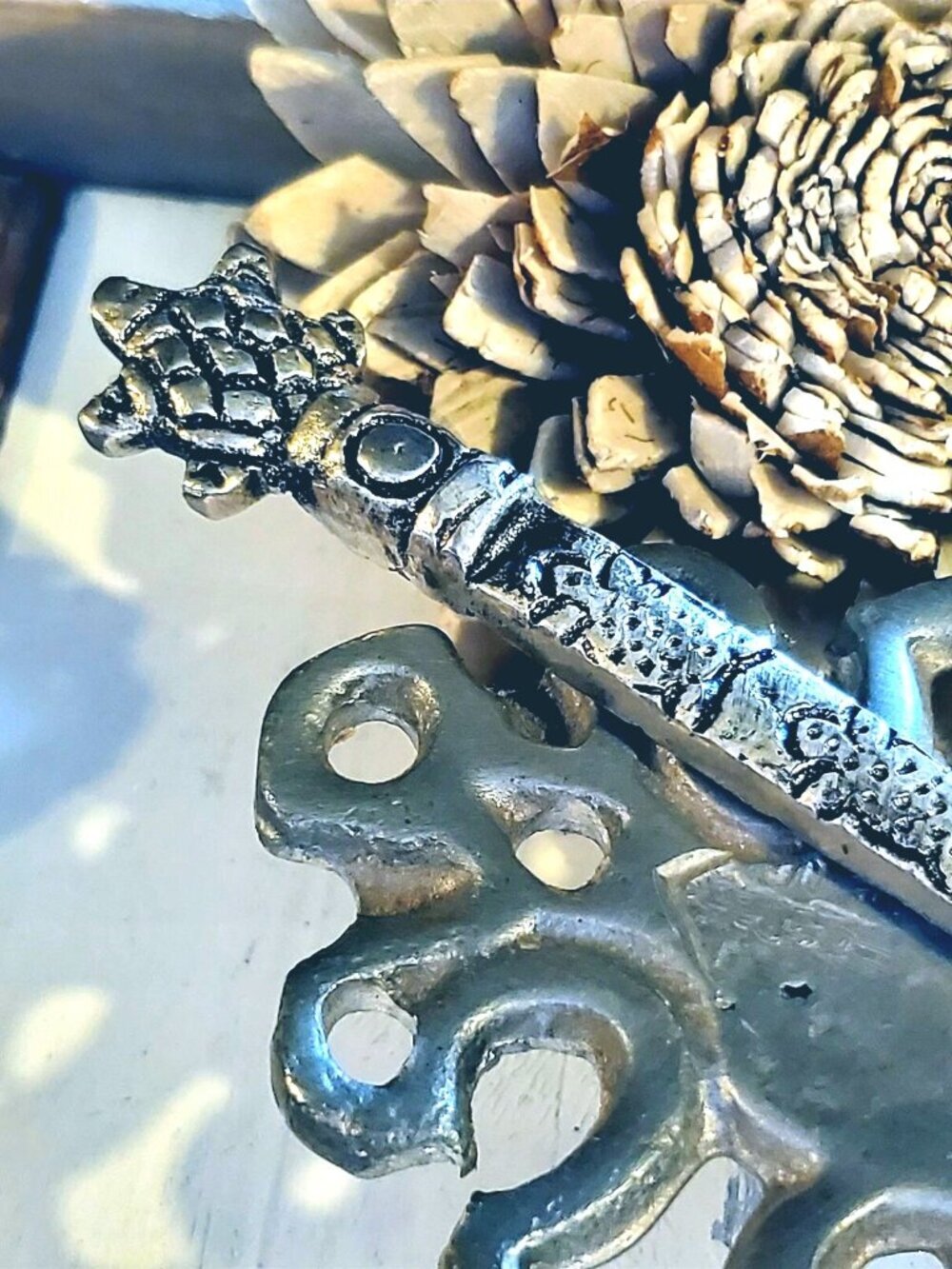 Tribal Carved Turtles India Antiqued Silver Plated Brass Long Hair Stick
